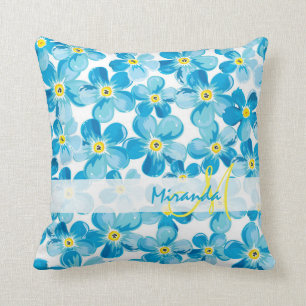 Vibrant watercolor blue forget me not flowers name cushion