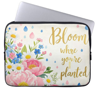 Vibrant watercolor bouquet of peonies, daisies laptop sleeve