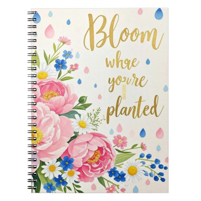 Vibrant watercolor bouquet of peonies, daisies notebook (Front)