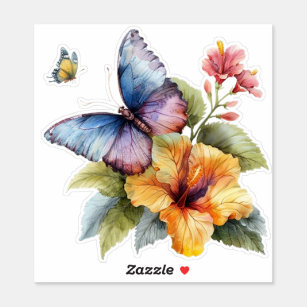 Vibrant Watercolor Butterfly and Hibiscus