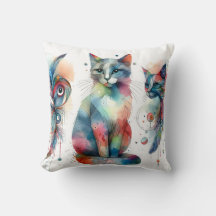 Vibrant Watercolor Cats Throw Pillows