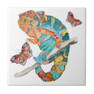 Vibrant Watercolor Chameleon  Tile