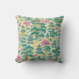 Vibrant Watercolor Chinoiserie Gold Pagoda Pattern Cushion