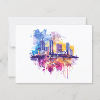 Vibrant Watercolor Cityscape Skyline Reflection  Postcard