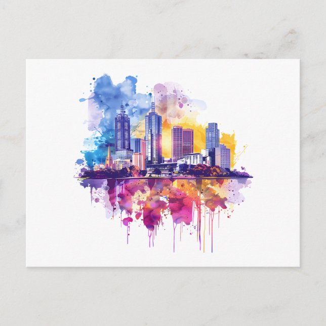 Vibrant Watercolor Cityscape Skyline Reflection  Postcard (Front)