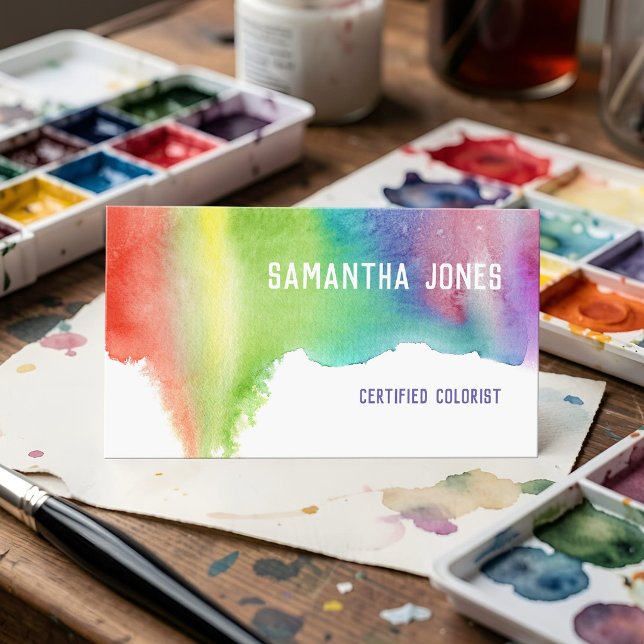 Vibrant Watercolor Colourful Hair Stylist Rainbow Business Card (Vibrant watercolor business card for colorists - bold, customizable, and unforgettable branding)