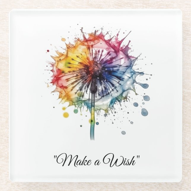 Vibrant Watercolor Dandelion, custom Glass Coaster (Front)