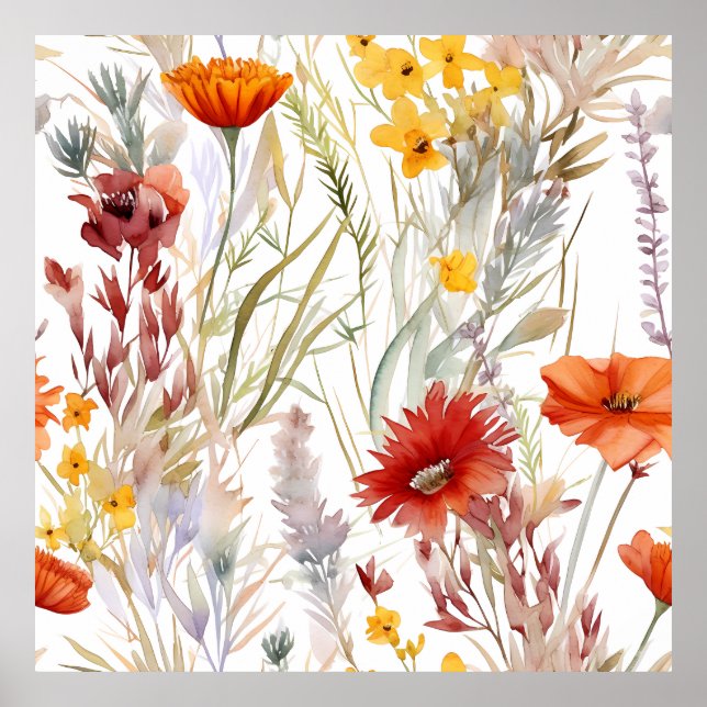 Vibrant Watercolor Desert Wildflowers Pattern Poster (Front)