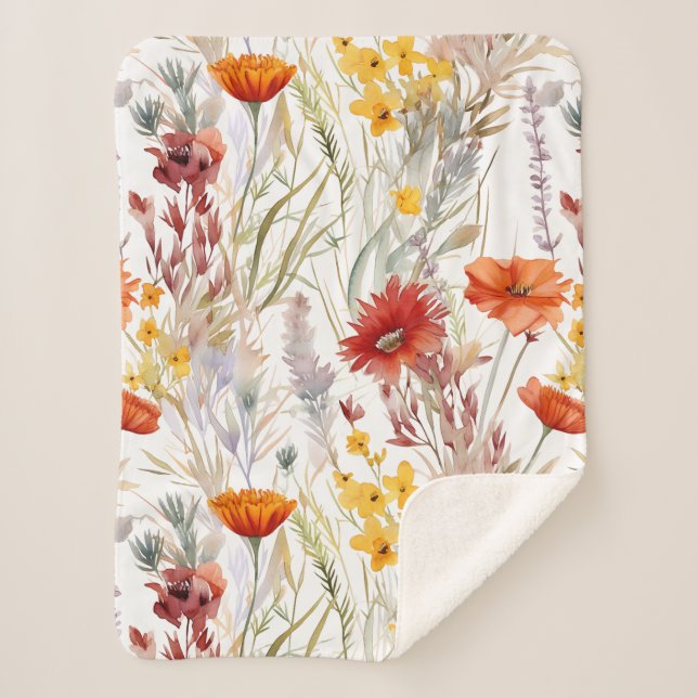 Vibrant Watercolor Desert Wildflowers Pattern Sherpa Blanket (Front)