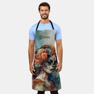 Vibrant Watercolor Dia de los Muertos Catrina Apron