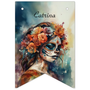 Vibrant Watercolor Dia de los Muertos Catrina Bunting
