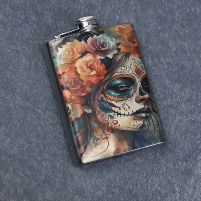 Vibrant Watercolor Dia de los Muertos Catrina Hip Flask (Creator Uploaded)