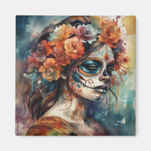 Vibrant Watercolor Dia de los Muertos Catrina Magnet