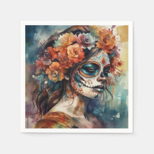 Vibrant Watercolor Dia de los Muertos Catrina Napkin