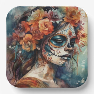 Vibrant Watercolor Dia de los Muertos Catrina Paper Plate