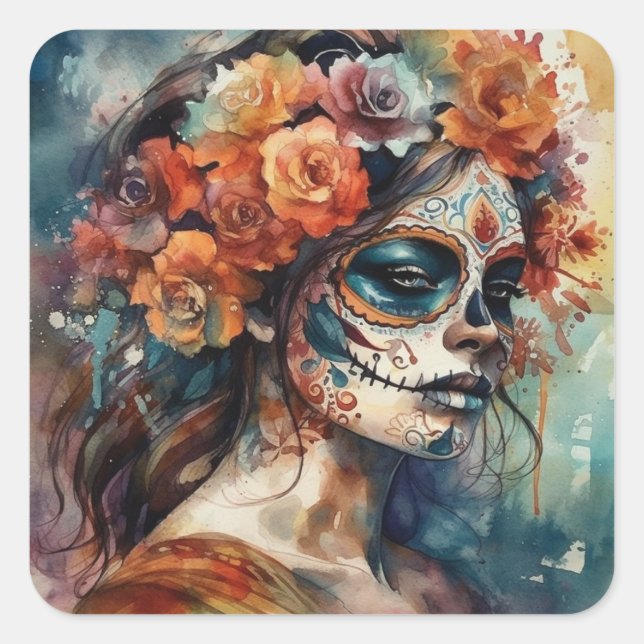 Vibrant Watercolor Dia de los Muertos Catrina Square Sticker (Front)