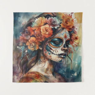 Vibrant Watercolor Dia de los Muertos Catrina Tapestry