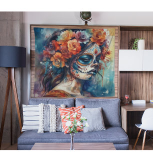 Vibrant Watercolor Dia de los Muertos Catrina Tapestry