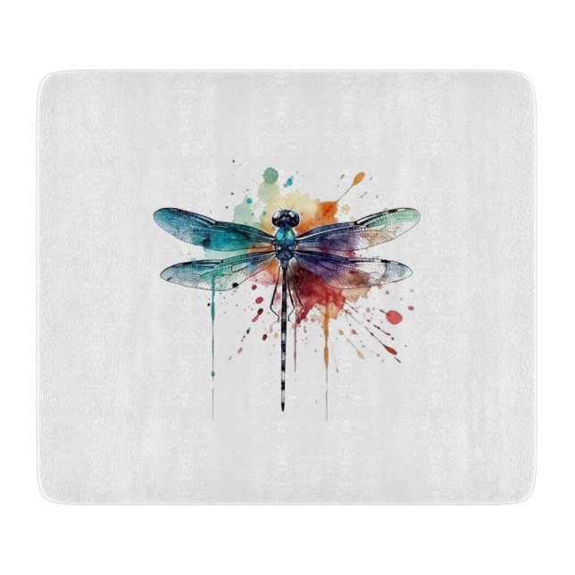 Vibrant Watercolor Dragonfly Cutting Board (Front)