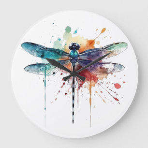 Vibrant Watercolor Dragonfly Large Clock