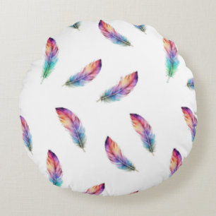 Vibrant Watercolor Feather All-Over Print Round Cushion