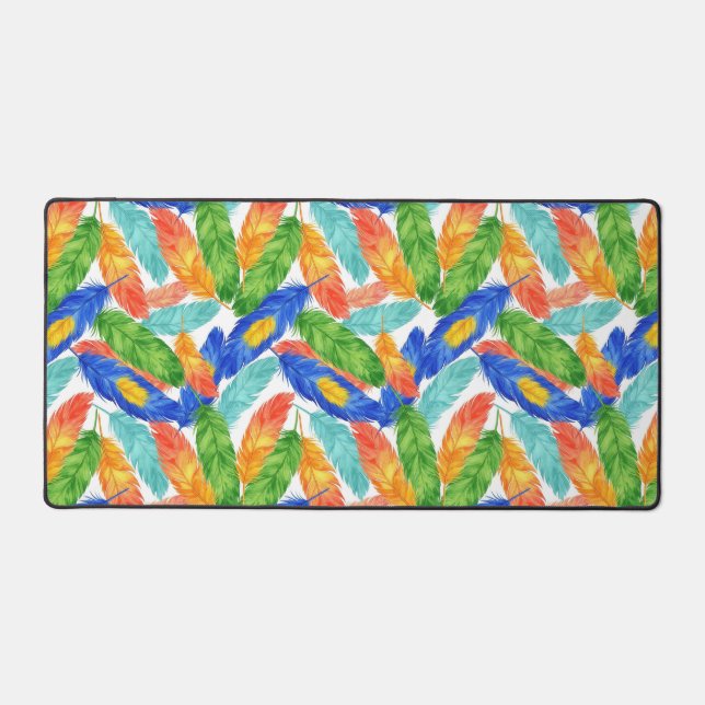Vibrant Watercolor Feather Pattern Desk Mat (Front)