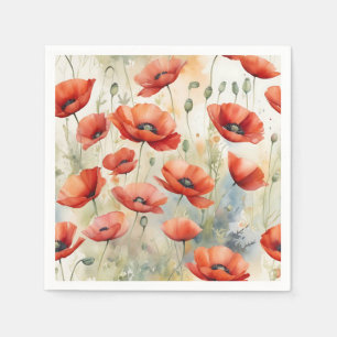 Vibrant Watercolor Field of Wild Poppies in Fiery Napkin