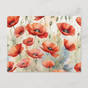 Vibrant Watercolor Field of Wild Poppies in Fiery Postcard