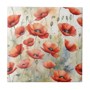 Vibrant Watercolor Field of Wild Poppies in Fiery Tile