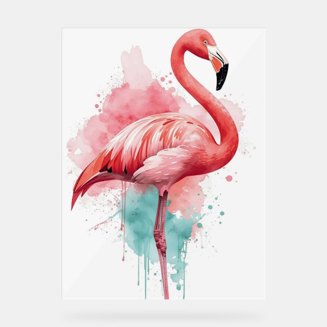 Vibrant Watercolor Flamingo Pink and Teal Splash Acrylic Sign (Front)