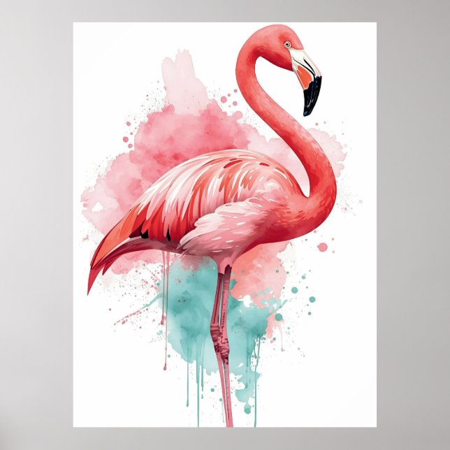 Vibrant Watercolor Flamingo Pink and Teal Splash Poster (Front)