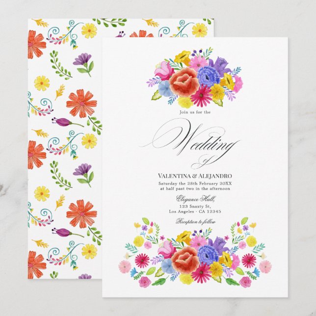 Vibrant Watercolor Floral Fiesta Wedding Design Invitation (Front/Back)