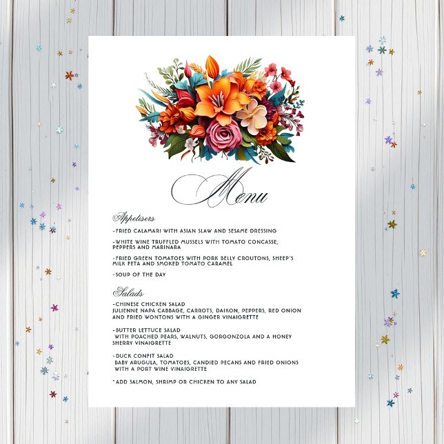 Vibrant Watercolor Floral Fiesta Wedding Menu (Vibrant Watercolor Floral Fiesta Wedding Menu)