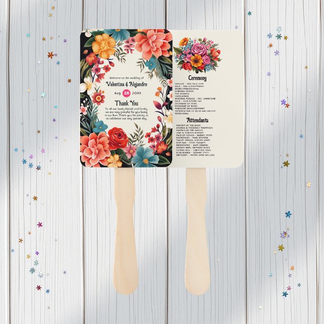 Vibrant Watercolor Floral Fiesta Wedding Program Hand Fan (Vibrant Watercolor Floral Fiesta Wedding Program Hand Fan)