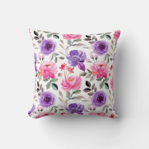 Vibrant Watercolor Floral Pattern in Pink & Purple Cushion