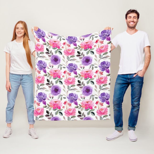 Vibrant Watercolor Floral Pattern in Pink & Purple Fleece Blanket (In Situ)