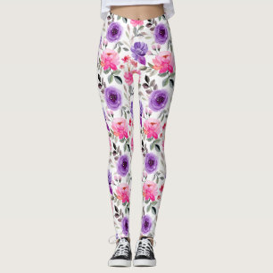 Vibrant Watercolor Floral Pattern in Pink & Purple Leggings