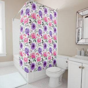 Vibrant Watercolor Floral Pattern in Pink & Purple Shower Curtain