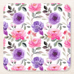 Vibrant Watercolor Floral Pattern in Pink & Purple Square Paper Coaster