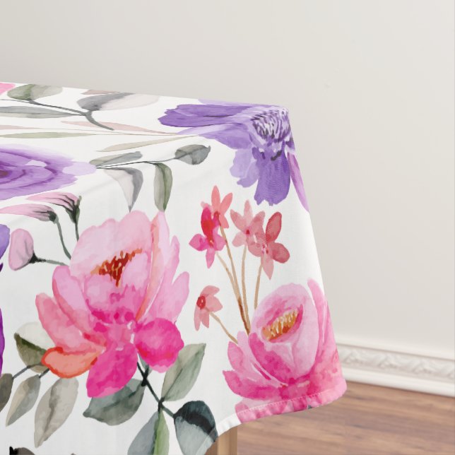 Vibrant Watercolor Floral Pattern in Pink & Purple Tablecloth (In Situ)