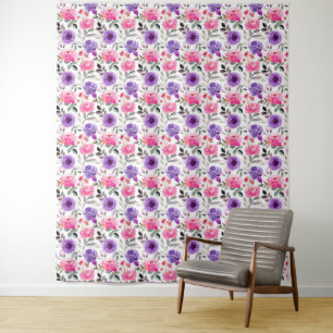 Vibrant Watercolor Floral Pattern in Pink & Purple Tapestry