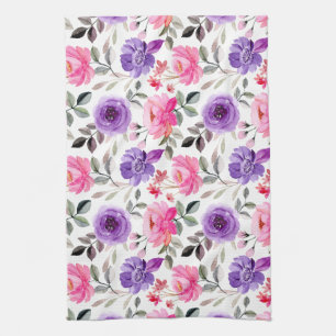 Vibrant Watercolor Floral Pattern in Pink & Purple Tea Towel