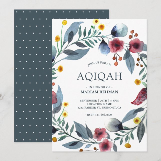Vibrant Watercolor Floral Wreath Aqiqah Invitation (Front/Back)