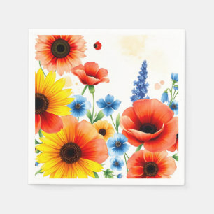 Vibrant Watercolor Flower Bouquet with Sunflowers Napkin