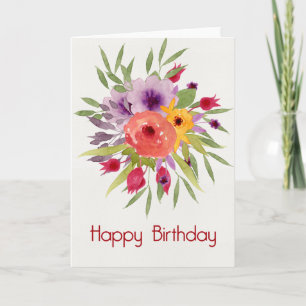 Vibrant Watercolor Flowers Happy Birthday Card