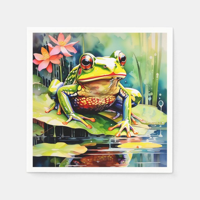 Vibrant Watercolor Frog Napkin (Front)