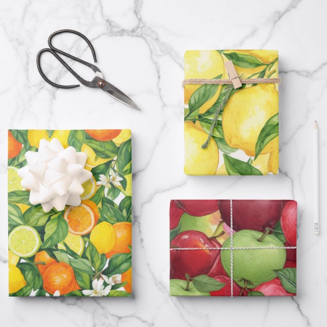 Vibrant Watercolor Fruit Orchard Pattern Wrapping Paper Sheet (Front)