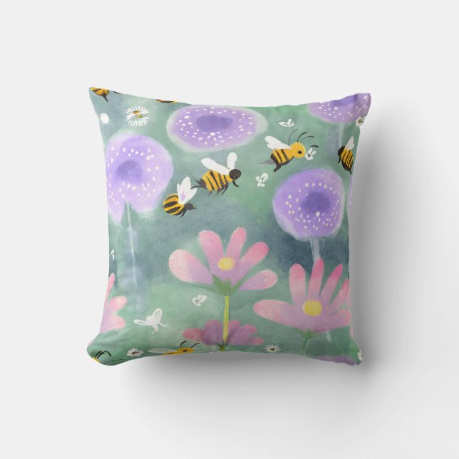 Vibrant Watercolor Garden With Bees Flowers  Cushion (Front)