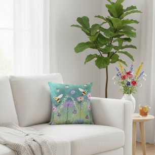 Vibrant Watercolor Garden With Bees Flowers Cushion