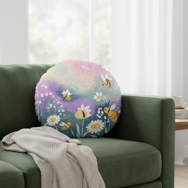 Vibrant Watercolor Garden With Bees Flowers  Round Cushion (Creator Uploaded)